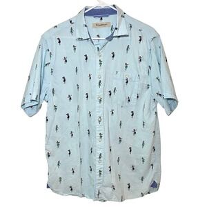 Tommy Bahama Mens Medium Hula Girl Print Blue Button Up Shirt Cotton Tencel